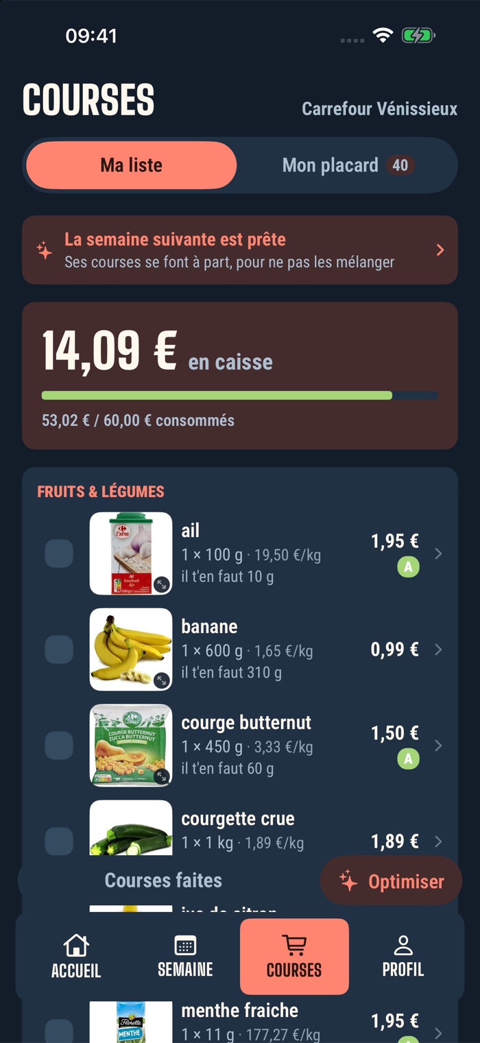 La liste de courses en mode sombre
